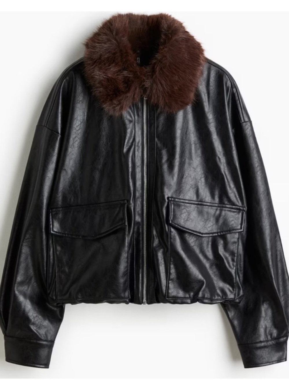 H&M Black Leather Jacket with Brown Fur Collar